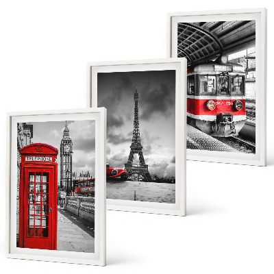 Tavelset ovanför soffa Ikoner London Paris transport