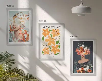 Blomsterporträtt med buketter set om 3 tavlor