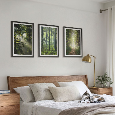 Tavelset ovanför soffa Gröna skogar med ljusstrålar