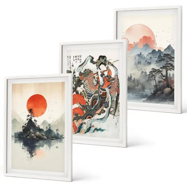 Asiatiska japandi-tavlor tavelset med ramar