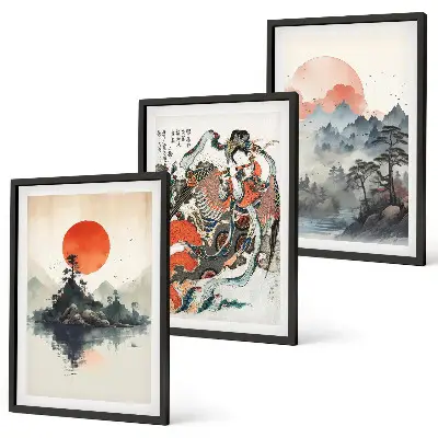 Asiatiska japandi-tavlor tavelset med ramar