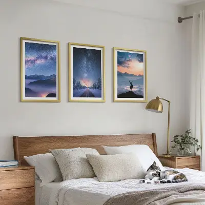 Tavelset med ramar natthimmel med berg, dimma och rådjur