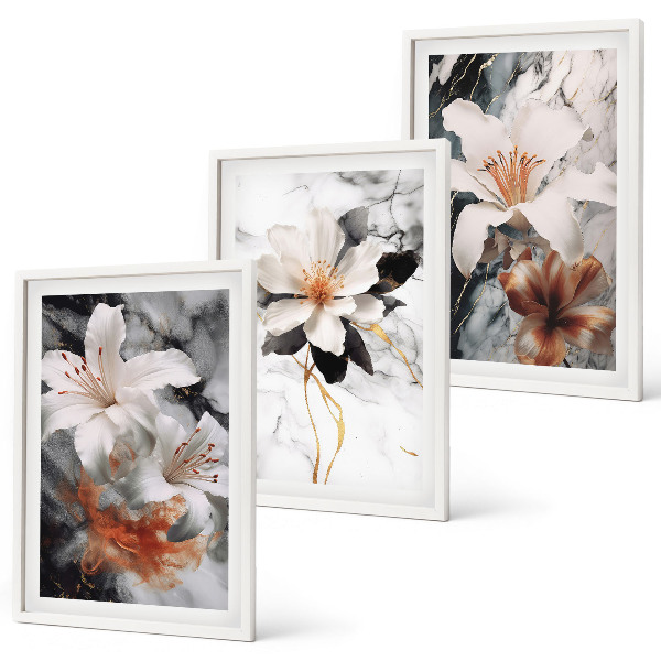 Set om 3 tavlor Blommor marmor vit svart