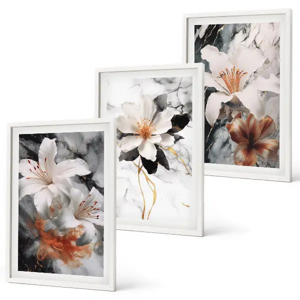 Set om 3 tavlor med motiv av vita och svarta blommor i marmor