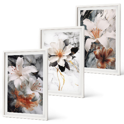 Set om 3 tavlor Blommor marmor vit svart