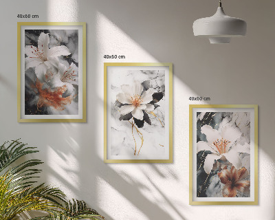 Set om 3 tavlor Blommor marmor vit svart