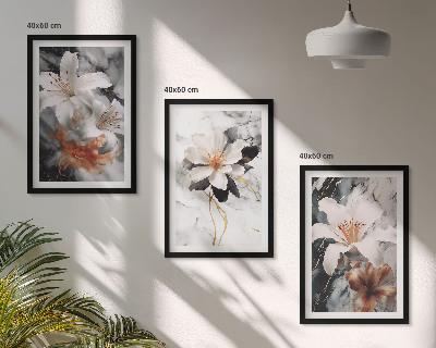 Set om 3 tavlor Blommor marmor vit svart