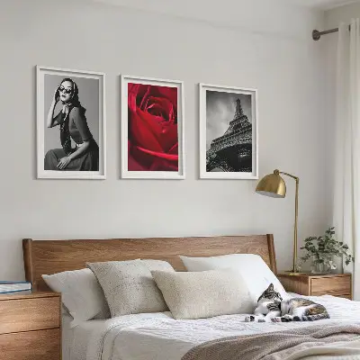 Parisisk dam med Eiffeltornsglasögon tavelset för vägg ovanför soffa