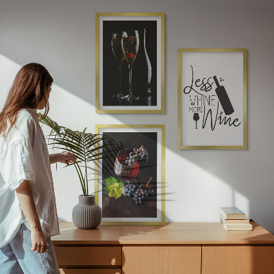 Set om 3 tavlor Glas vin med druvor och inskription