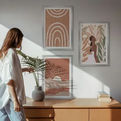 Boho abstrakta former set om 3 tavlor