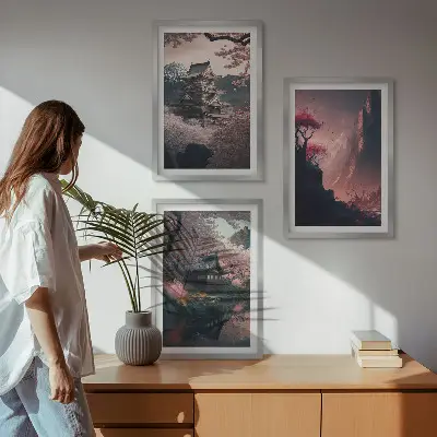 Tavelset med japanska bergsmotiv tavelset för vägg ovanför soffa