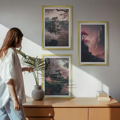 Tavelset med japanska bergsmotiv tavelset för vägg ovanför soffa