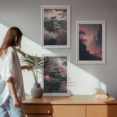 Tavelset ovanför soffa Fantasilandskap av Japans berg