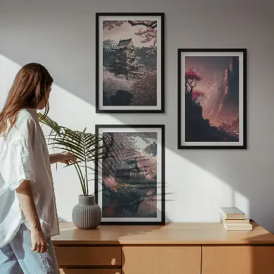 Tavelset med japanska bergsmotiv tavelset för vägg ovanför soffa