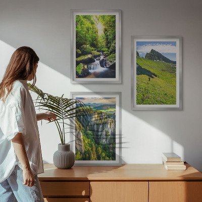 Set om 3 tavlor Gröna berg vattenfall skog