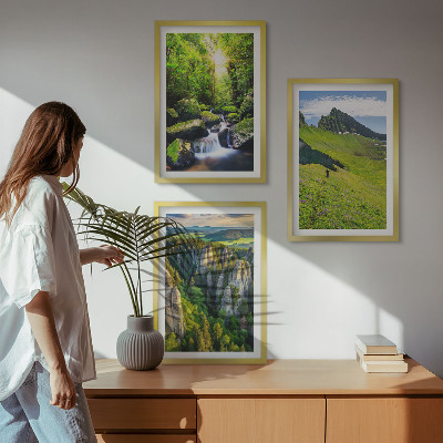Set om 3 tavlor Gröna berg vattenfall skog
