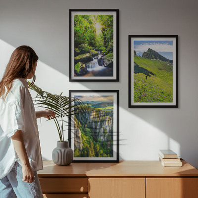 Set om 3 tavlor Gröna berg vattenfall skog