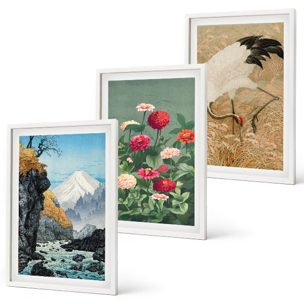 Set om 3 tavlor Berg landskap flod blommor kranar