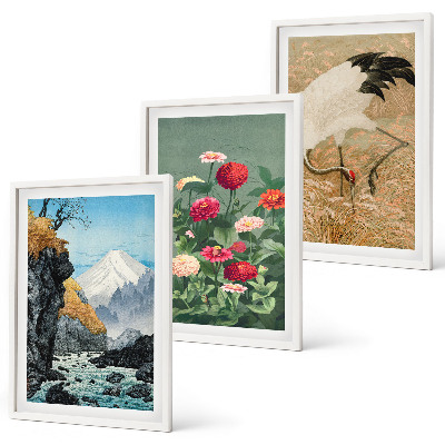 Set om 3 tavlor Berg landskap flod blommor kranar