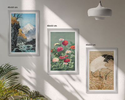 Set om 3 tavlor Berg landskap flod blommor kranar