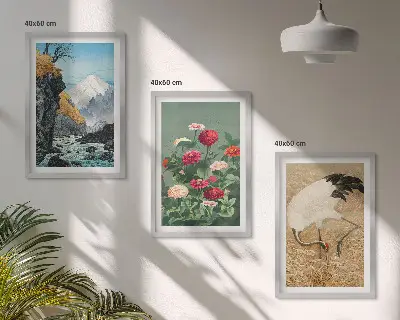 Tavelset med 3 delar berg, landskap, flod, blommor och kranar