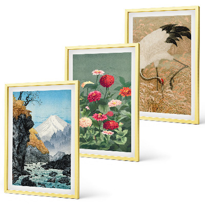 Set om 3 tavlor Berg landskap flod blommor kranar