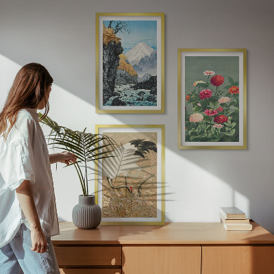 Set om 3 tavlor Berg landskap flod blommor kranar