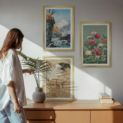 Tavelset med 3 delar berg, landskap, flod, blommor och kranar