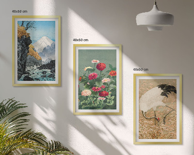 Set om 3 tavlor Berg landskap flod blommor kranar