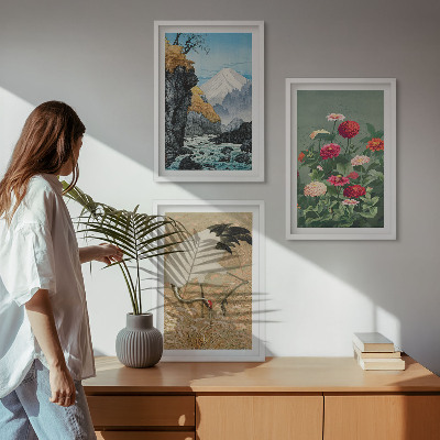 Set om 3 tavlor Berg landskap flod blommor kranar