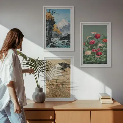 Tavelset med 3 delar berg, landskap, flod, blommor och kranar