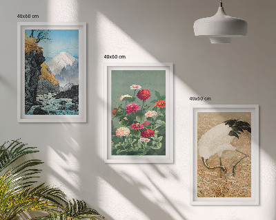 Set om 3 tavlor Berg landskap flod blommor kranar