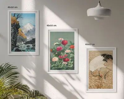 Tavelset med 3 delar berg, landskap, flod, blommor och kranar