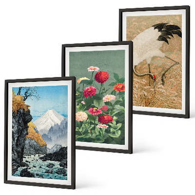 Set om 3 tavlor Berg landskap flod blommor kranar