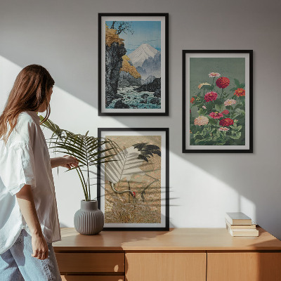 Set om 3 tavlor Berg landskap flod blommor kranar