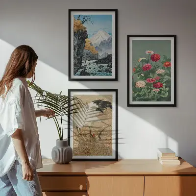 Tavelset med 3 delar berg, landskap, flod, blommor och kranar