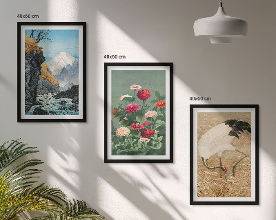 Set om 3 tavlor Berg landskap flod blommor kranar