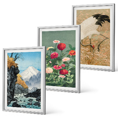 Set om 3 tavlor Berg landskap flod blommor kranar