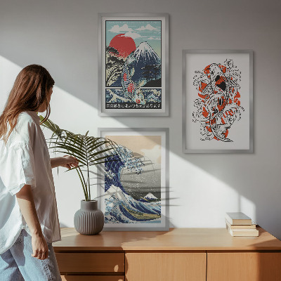 Tavelpaket med ramar Fiskberg Stora vågen i Japan