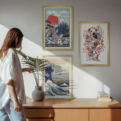 Tavelpaket med ramar Fiskberg Stora vågen i Japan