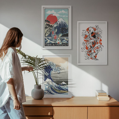 Tavelpaket med ramar Fiskberg Stora vågen i Japan