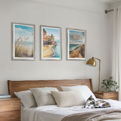 Set om 3 tavlor Landskap strand klippor stad