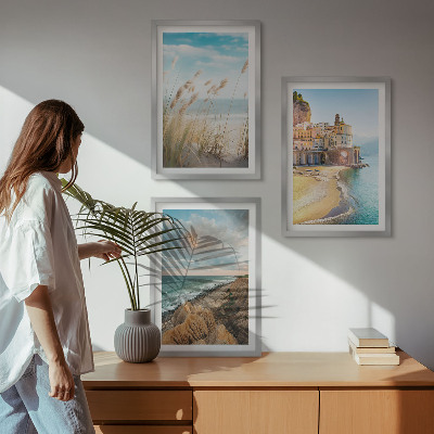 Set om 3 tavlor Landskap strand klippor stad