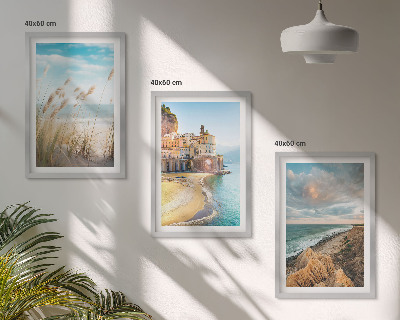 Set om 3 tavlor Landskap strand klippor stad