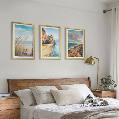 Set om 3 tavlor Landskap strand klippor stad