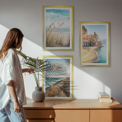 Set om 3 tavlor Landskap strand klippor stad