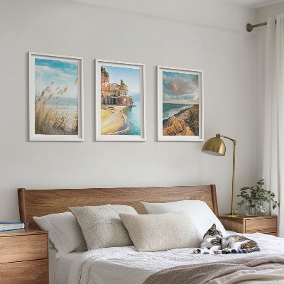 Set om 3 tavlor Landskap strand klippor stad