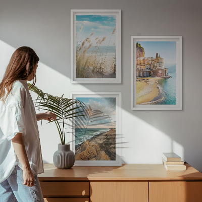 Set om 3 tavlor Landskap strand klippor stad