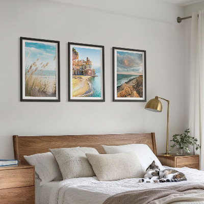 Set om 3 tavlor Landskap strand klippor stad