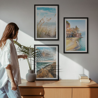 Set om 3 tavlor Landskap strand klippor stad